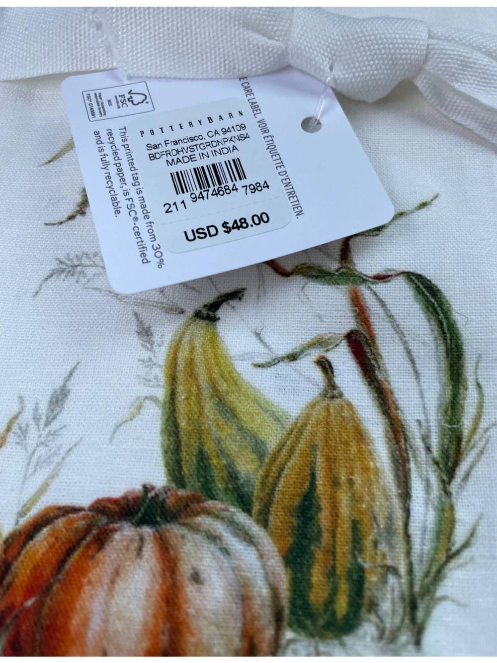 POTTERY BARN “BEDFORD HARVEST” TABLE RUNNER *SIZE: 18”X108” *4 NAPKINS *NWT 138.